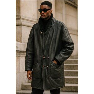 Men's Long Black Leather Shearling Coat  Vintage Double-Breasted Winter Jacket L